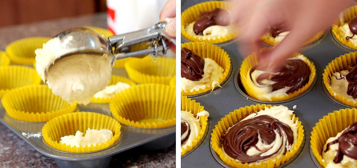 Using an ice cream scoop to drop batter into cupcake molds