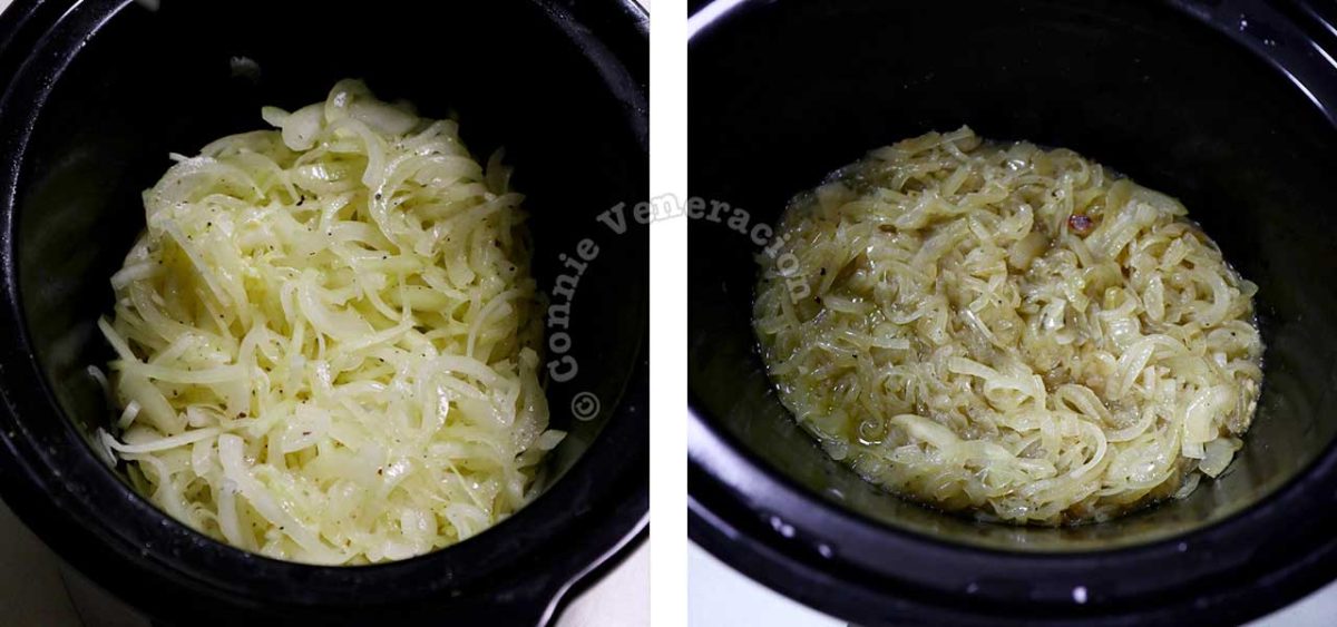 Caramelizing onion slices with butter in a slow cooker