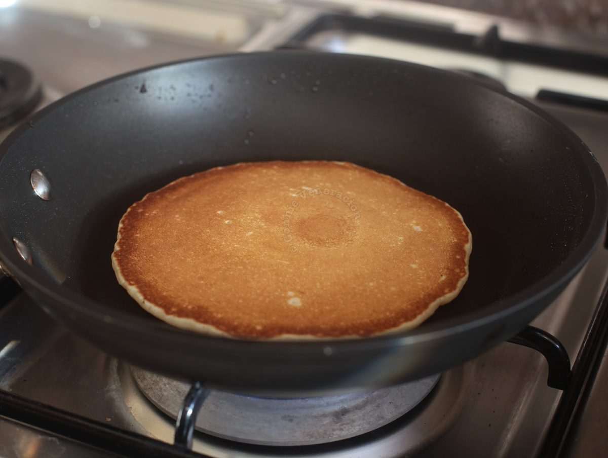 Pancake in pan after flipping