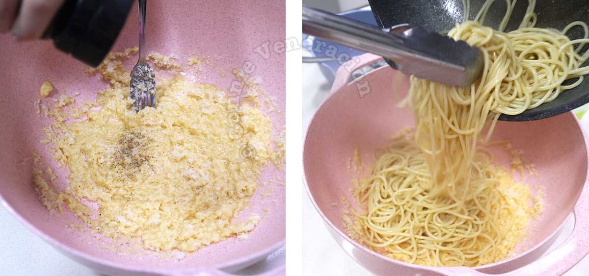 Adding hot spaghetti to egg-Pecorino mixture