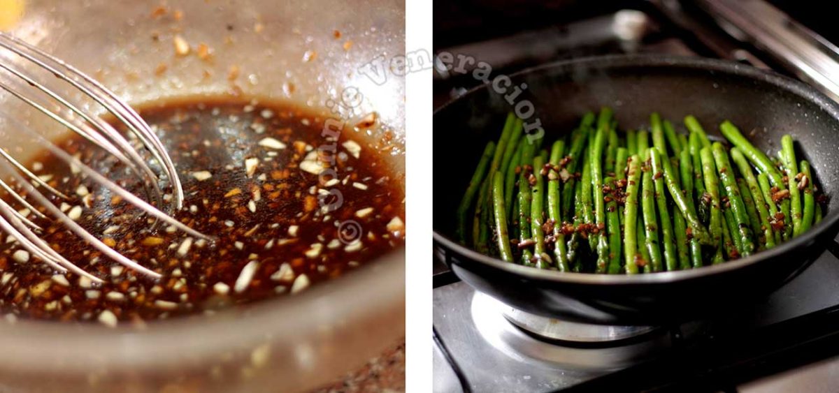 Making vinaigrette; sauteeing baby asparagus in pan