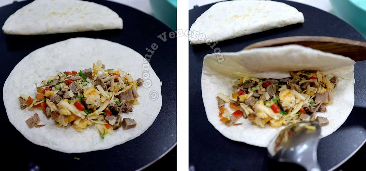 Folding a tortilla to enclose the beef and cheese filling