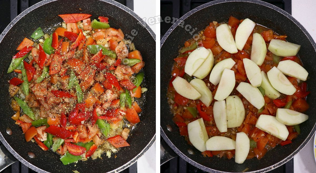 Vegetables and apple wedges in pan