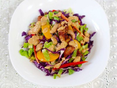 Fried chicken and red cabbage salad with peanut dressing