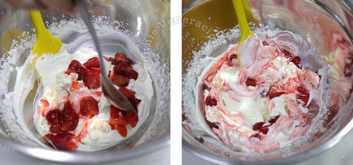 Folding strawberries in whipped cream with meringue