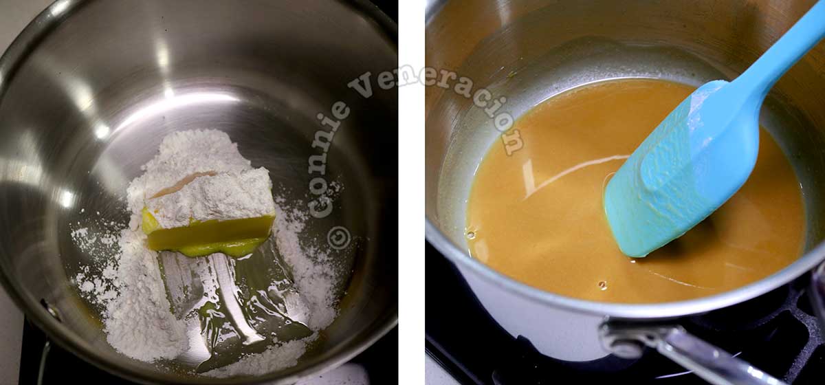 Mixing butter and flour to make a roux