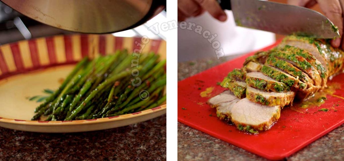 Assembling roast pork and baby asparagus
