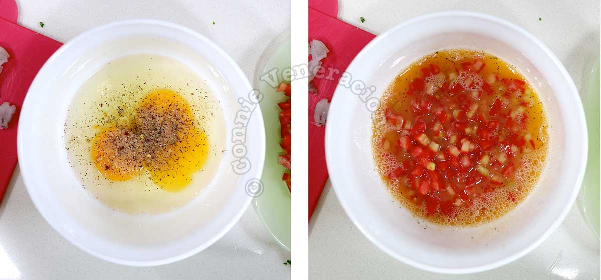 Adding chopped tomatoes to beaten eggs