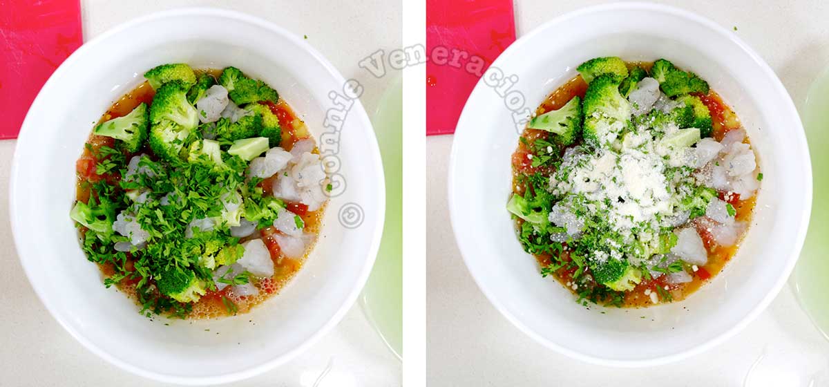 White bowl with beaten eggs, chopped tomatoes and shrimps, blanched broccoli and Parmesan