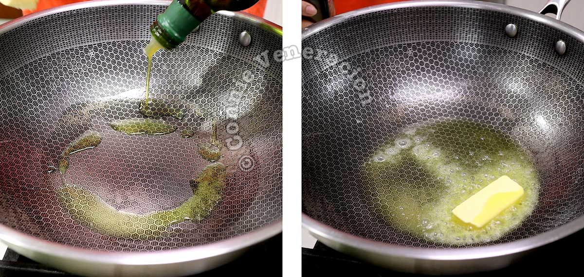 Heating olive oil and butter in a pan
