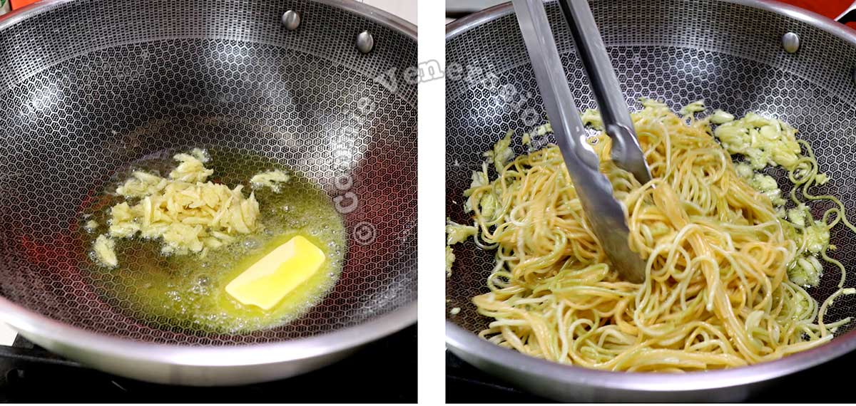 Cooking garlic in butter and oil, and tossing in cooked pasta
