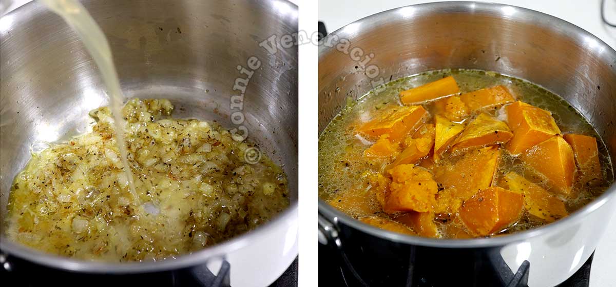 Pouring broth into pan and adding roasted squash
