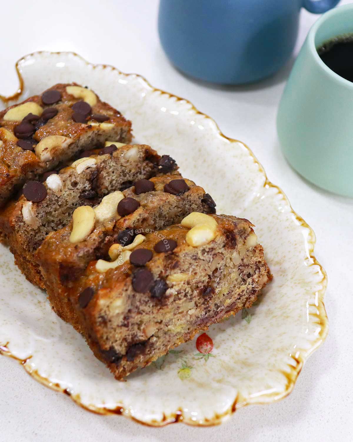 Banana bread (it's a cake) with cachew nuts and chocolate morsels