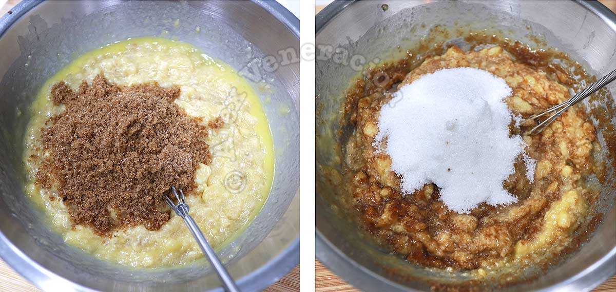 Stirring brown and white sugar to mashed bananas and butter