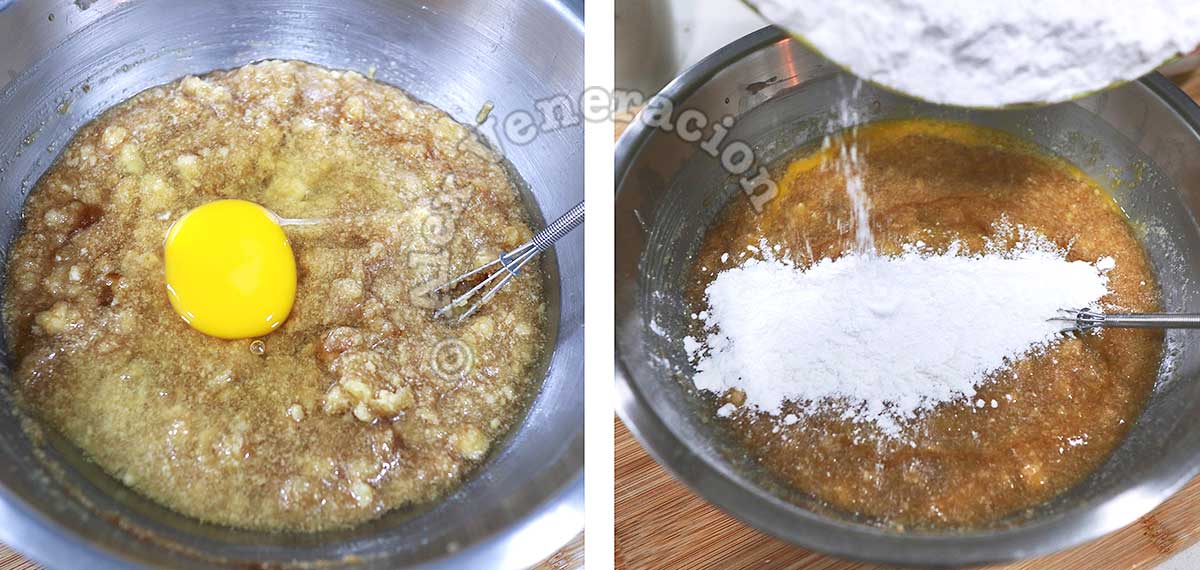 Adding egg and flour to mashed bananas