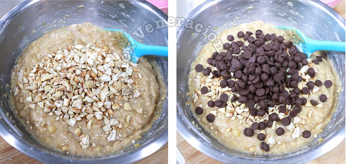Folding in chopped nuts and chocolate chips to banana bread batter