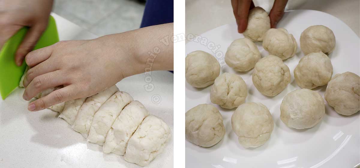 Cutting empanada dough into portions and rolling each portion into a ball