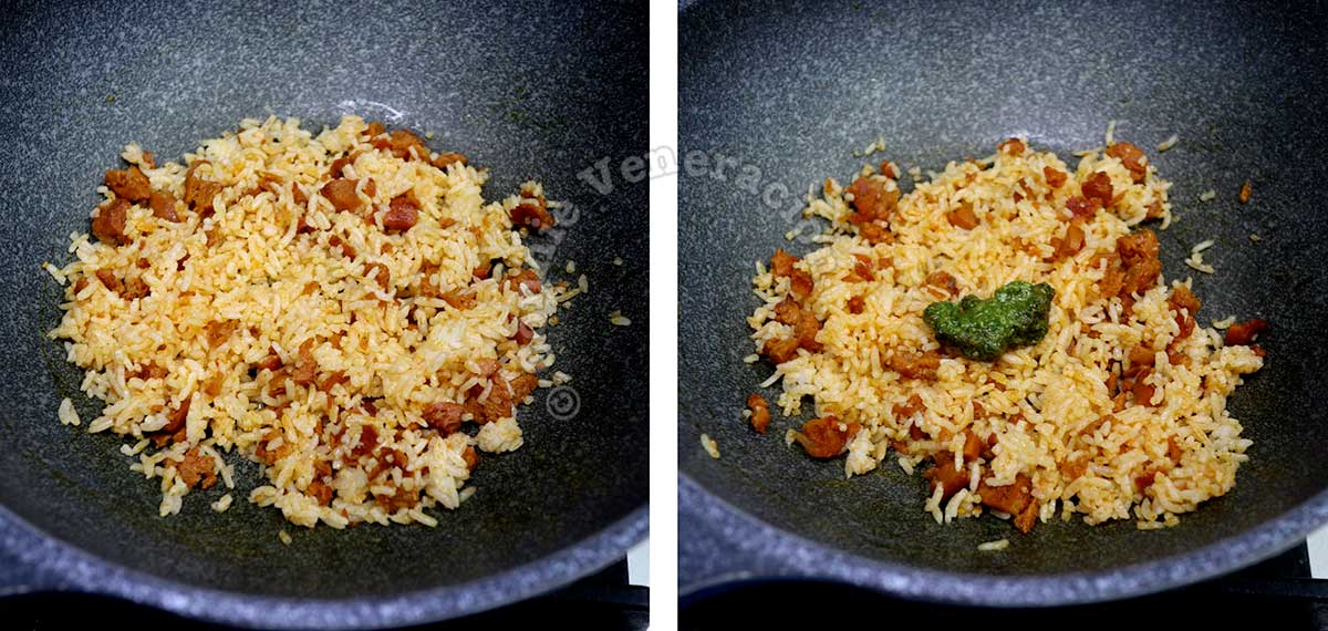Adding pesto to cooked rice and sausage