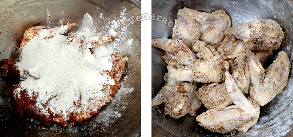 Coating marinated chicken wings with flour