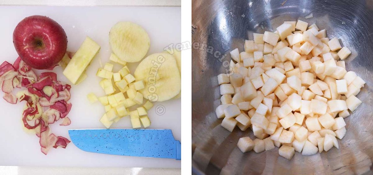 Cutting peeled apple into cubes