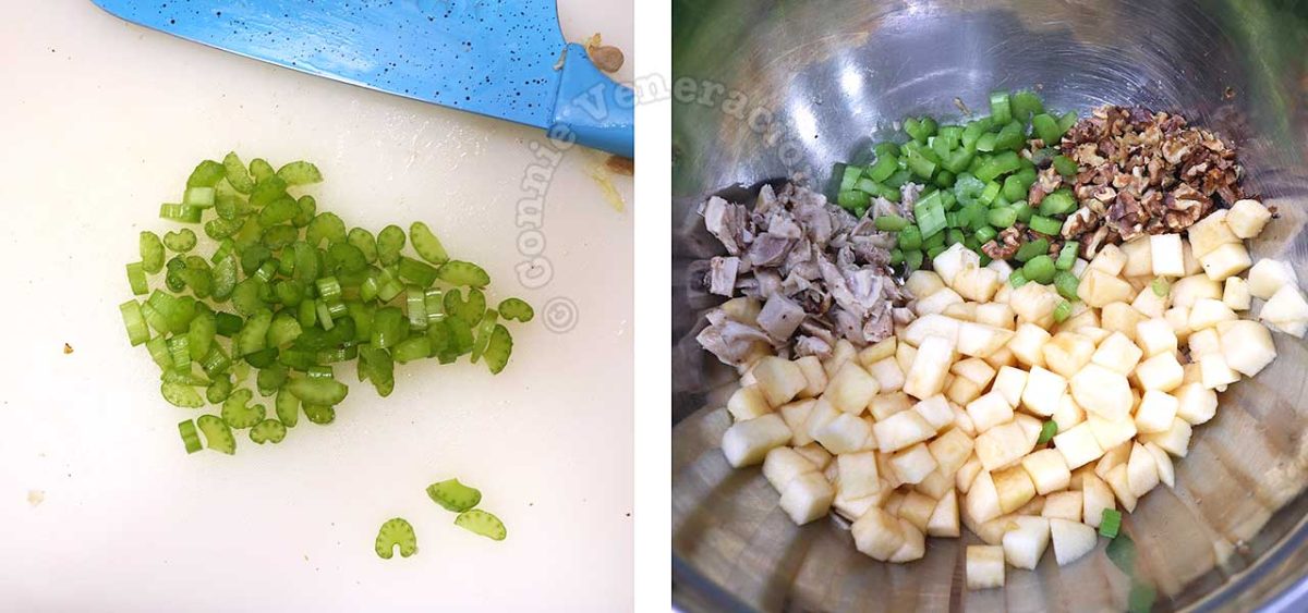 Sliced celery / Ingredients of chicken apple salad in mixing bowl