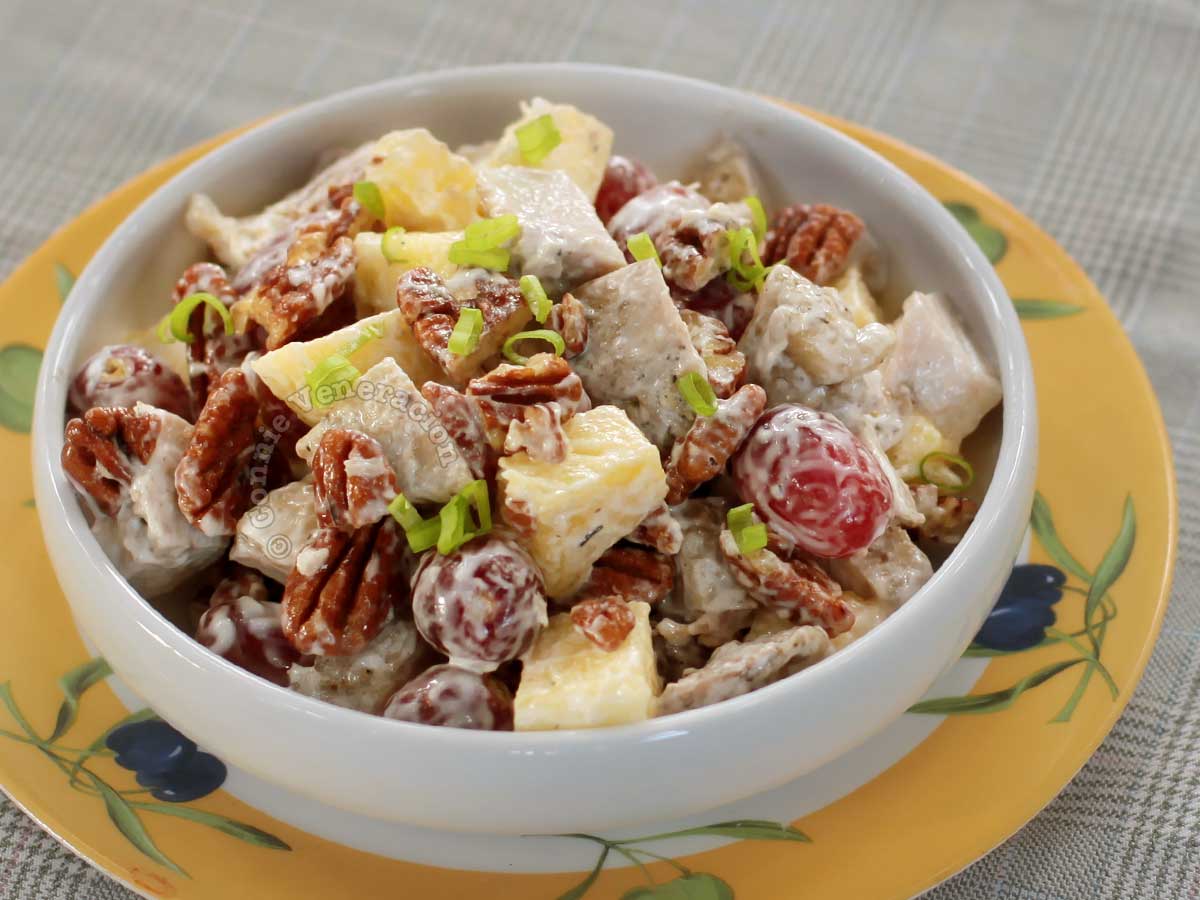 Chicken salad with pineapple, grapes and pecans