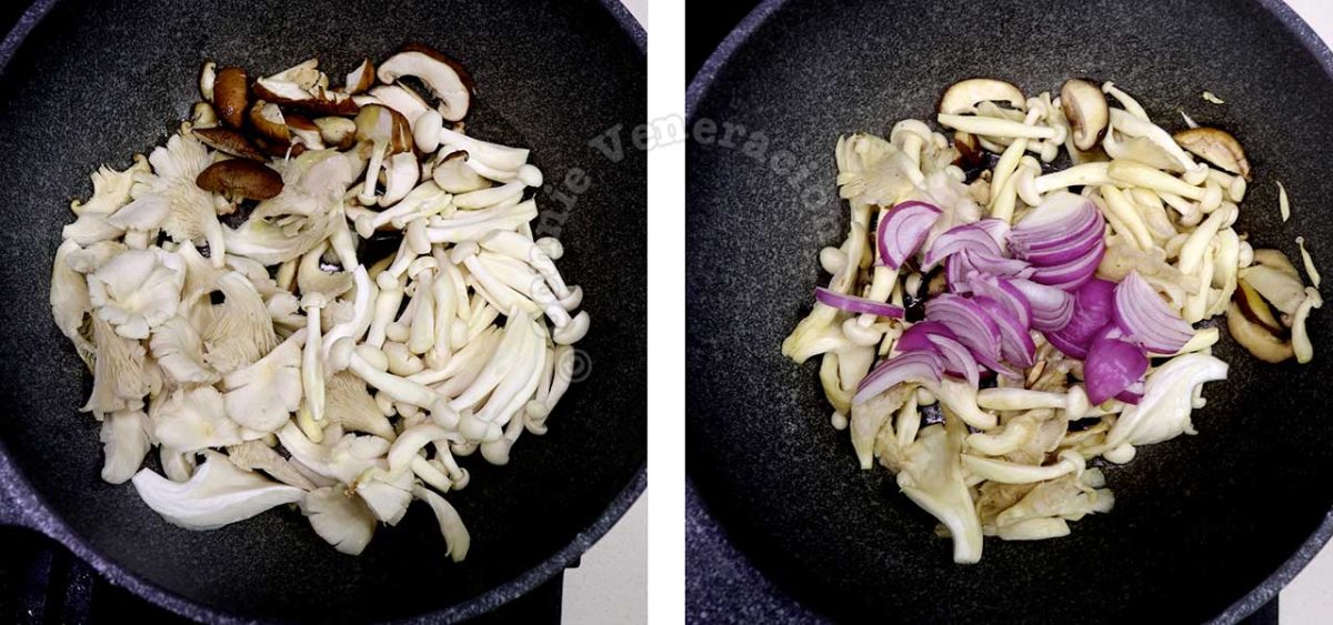 Sauteeing mushrooms and onion slices in butter
