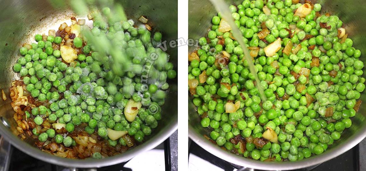 Adding fresh frozen peas and chicken broth to browned onion and garlic