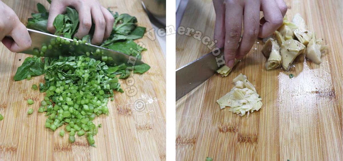 Chopping spinach and marinated artichoke hearts