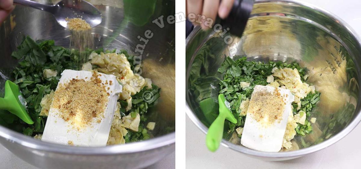 Adding cream cheese and seasonings to spinach and artichoke in mixing bowl