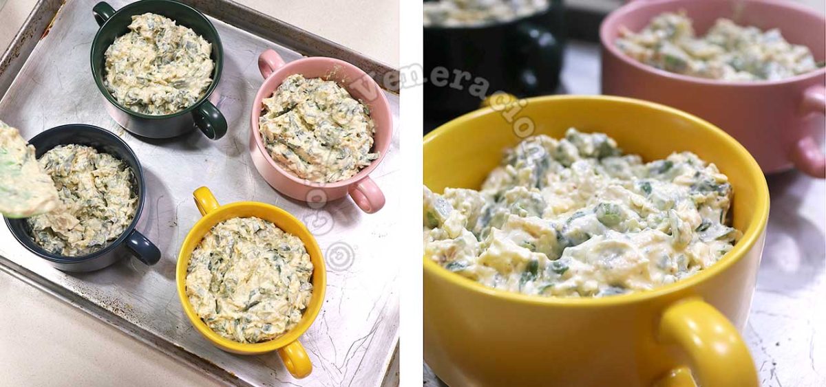 Spooning spinach artichoke mixture into oven-proof bowls