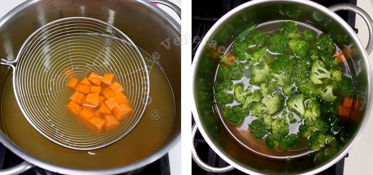 Cooking carrot and broccoli in broth