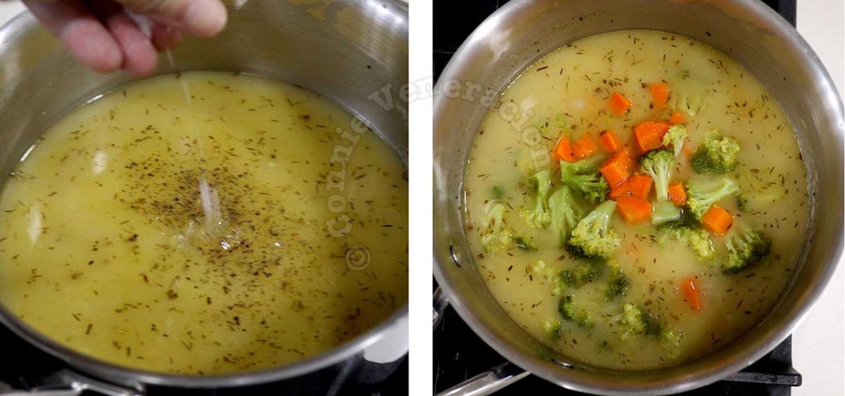Seasoning broccoli and carrot chowder with salt and pepper