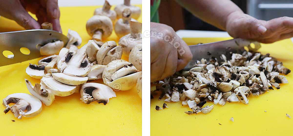 Slicing and chopping button mushrooms