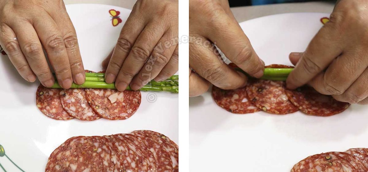 Wrapping asparagus spears with salami
