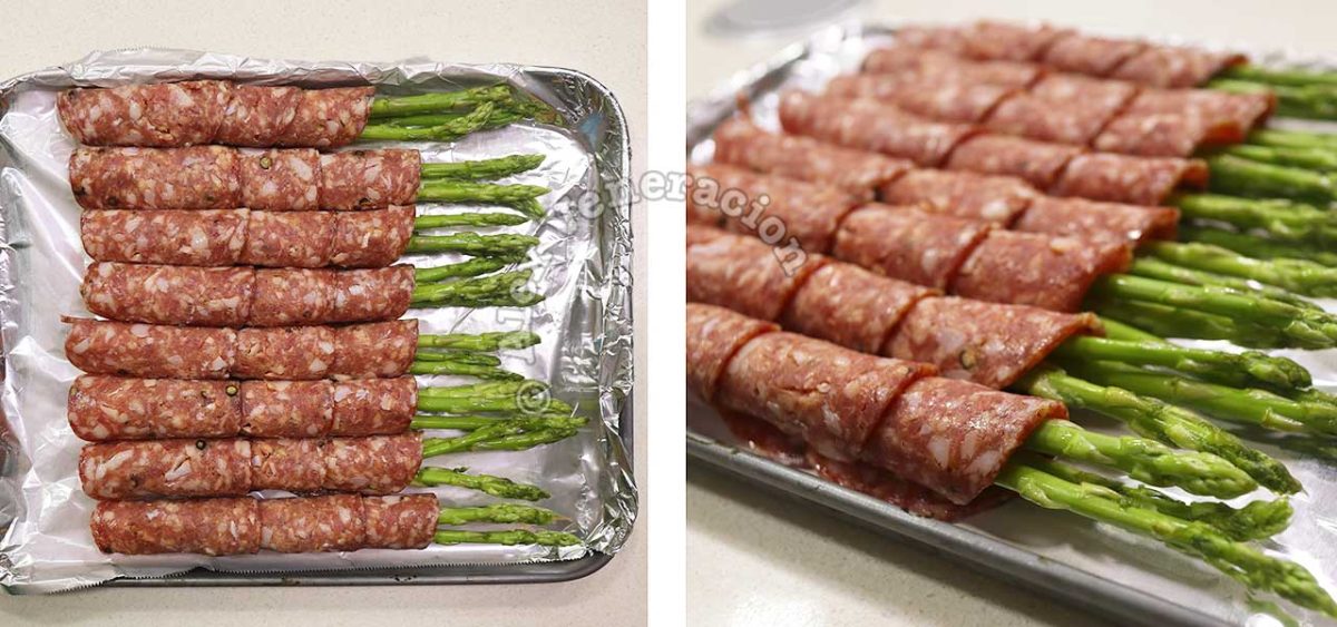 Salami-wrapped asparagus on oven toaster tray