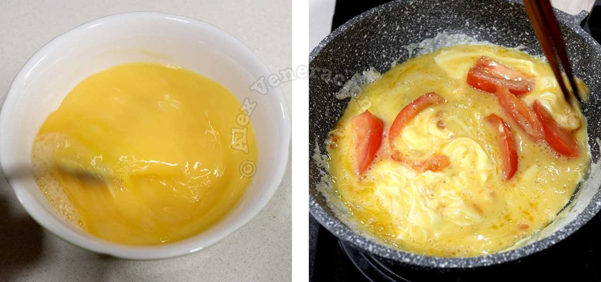 Scrambling eggs and cheese and adding to tomato and garlic in pan