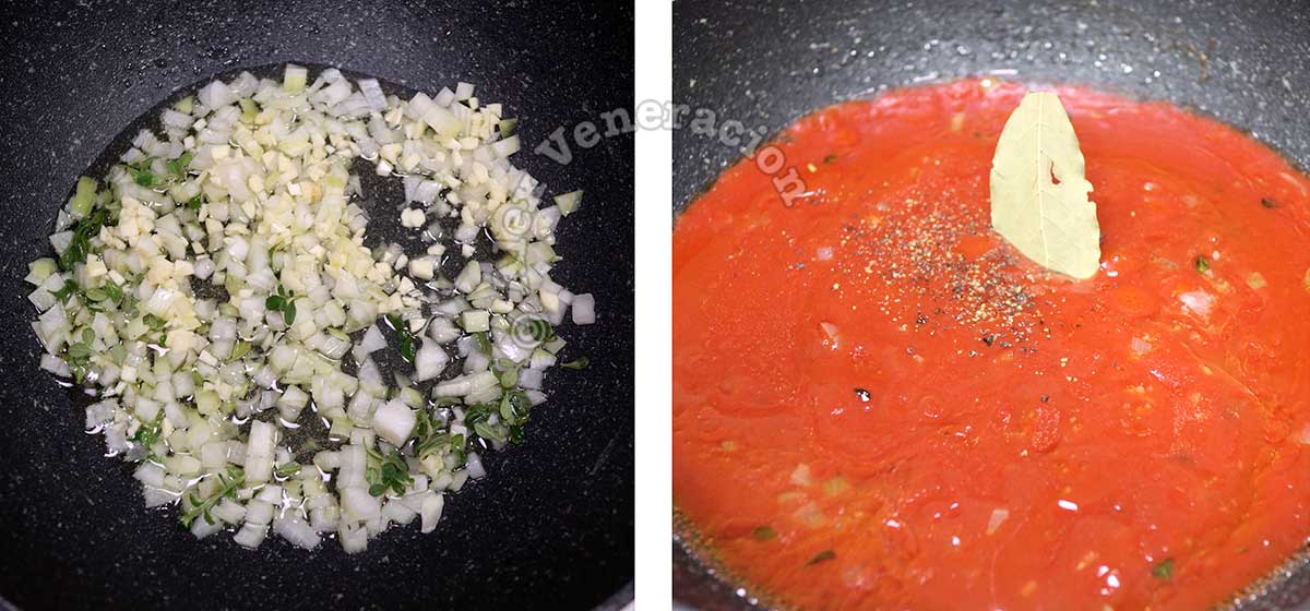 Sauteeing garlic, onion and oregano in olive oil then pouring in tomato sauce, adding pepper and bay leaf