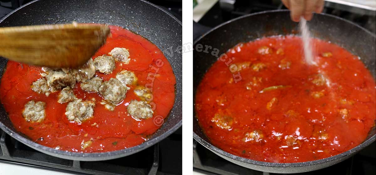 Stirring browned meatballs in tomato sauce