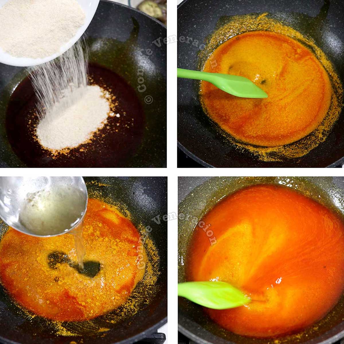 Making a roux with achiote oil and ground toasted rice