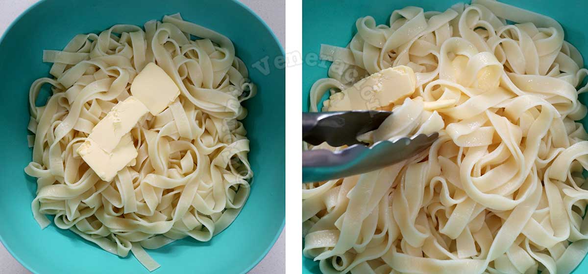 Tossing cooked pasta in butter