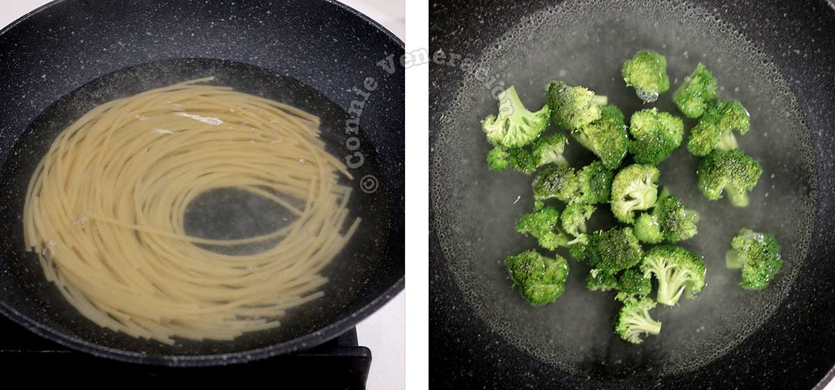 Boiling spaghetti and broccoli florets