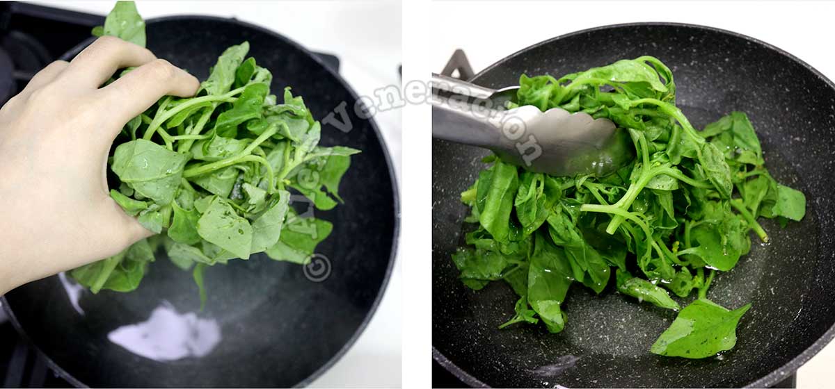 Blanching spinach in a pan