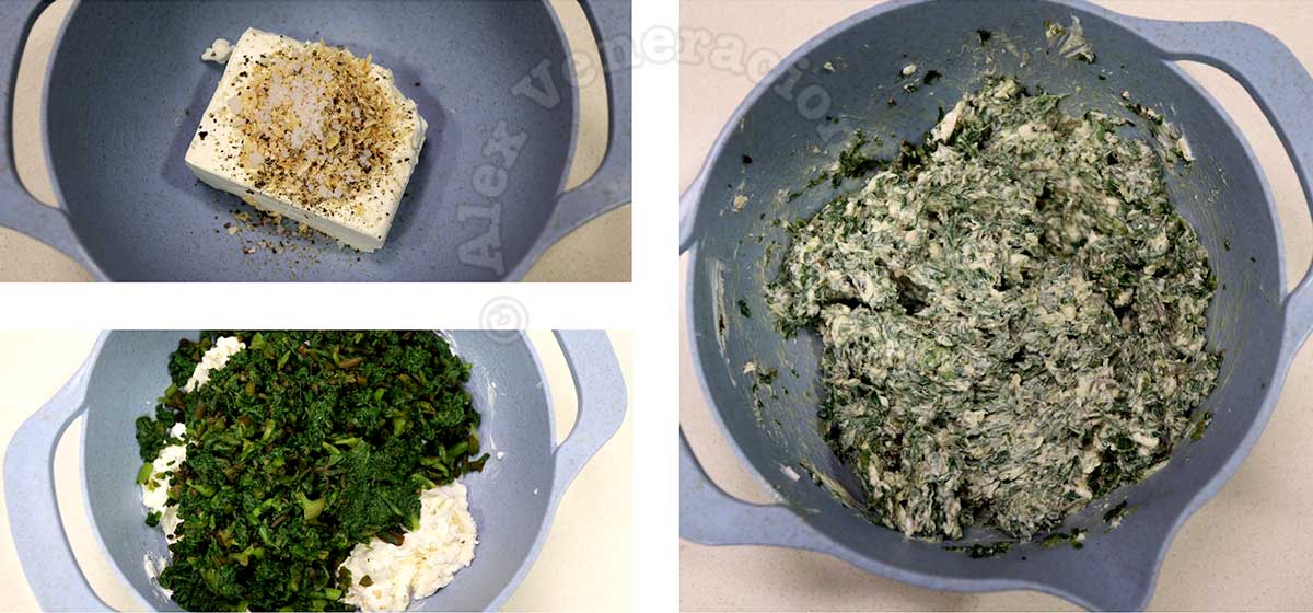 Mixing chopped spinach with cream cheese, dried onion and garlic