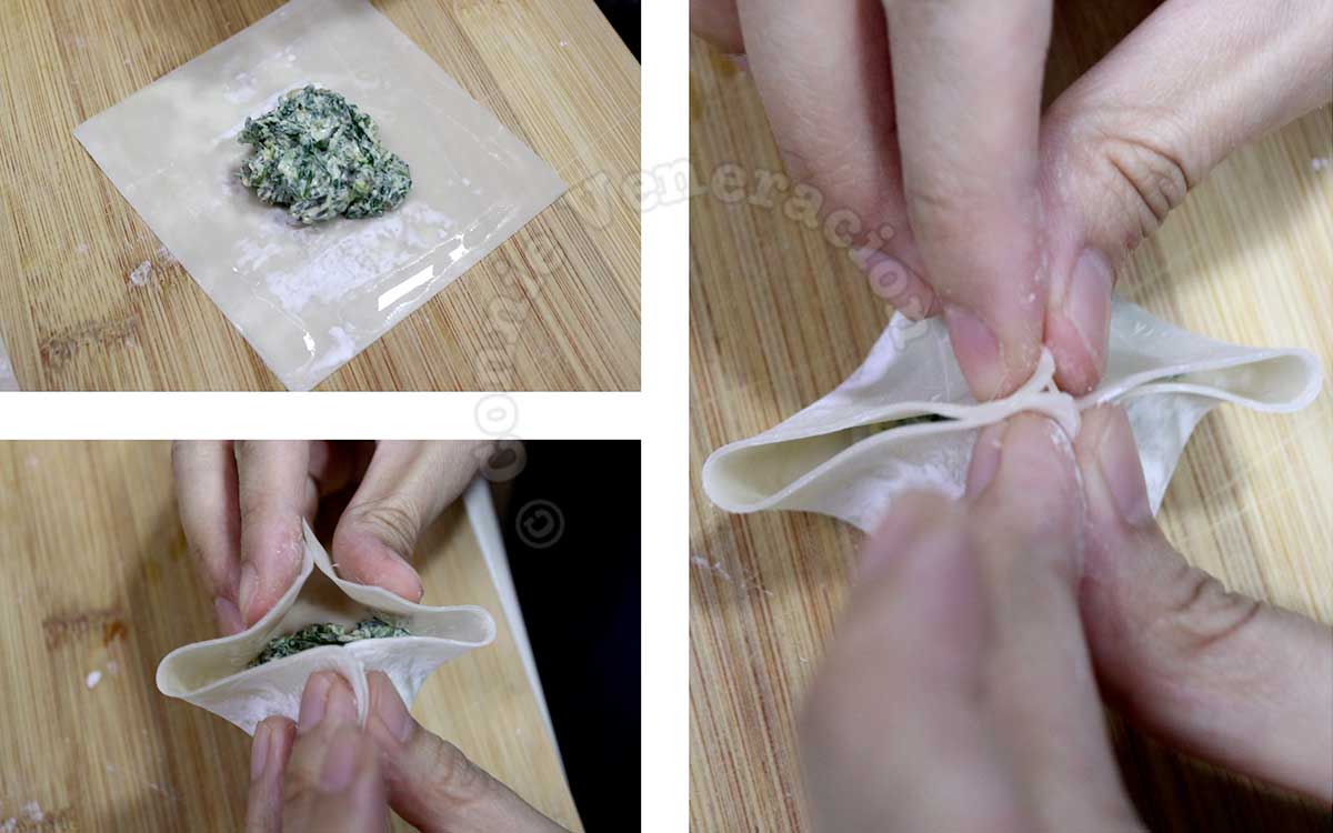 Filling wonton skin with spinach and cream cheese