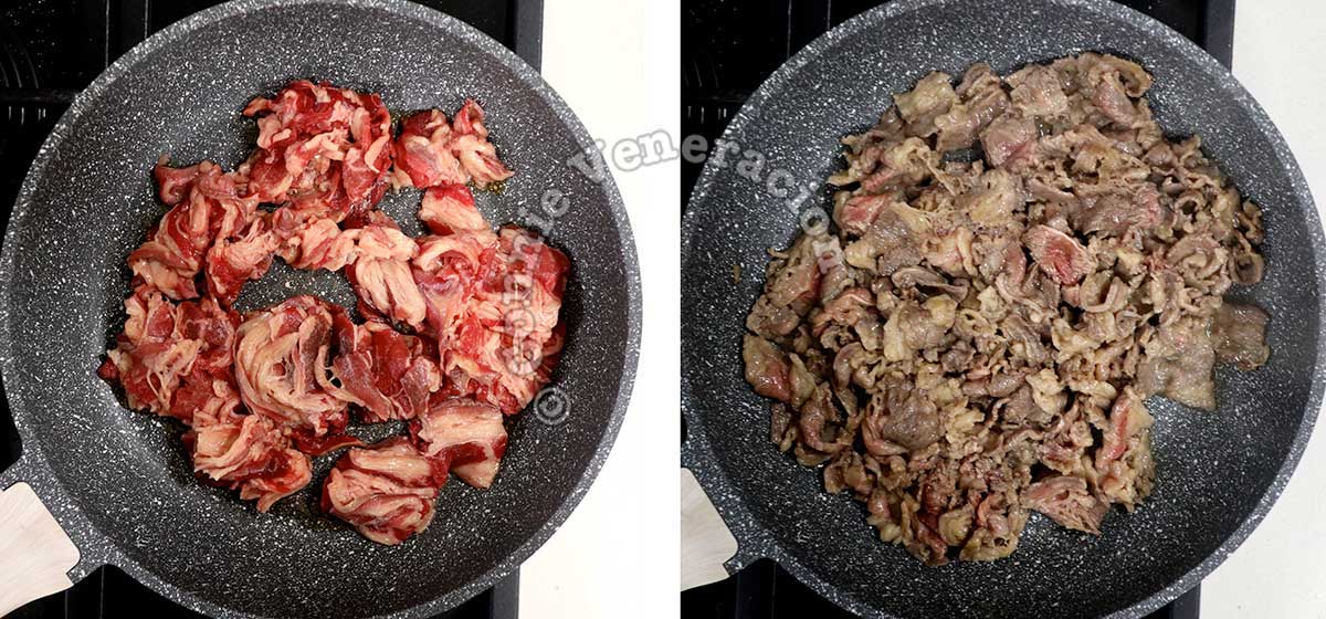 Browning thinly sliced beed in a wok