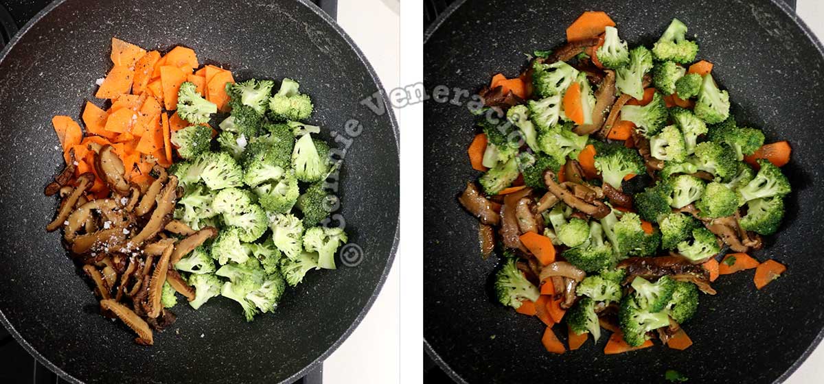 Stir frying vegetables and mushrooms in wok