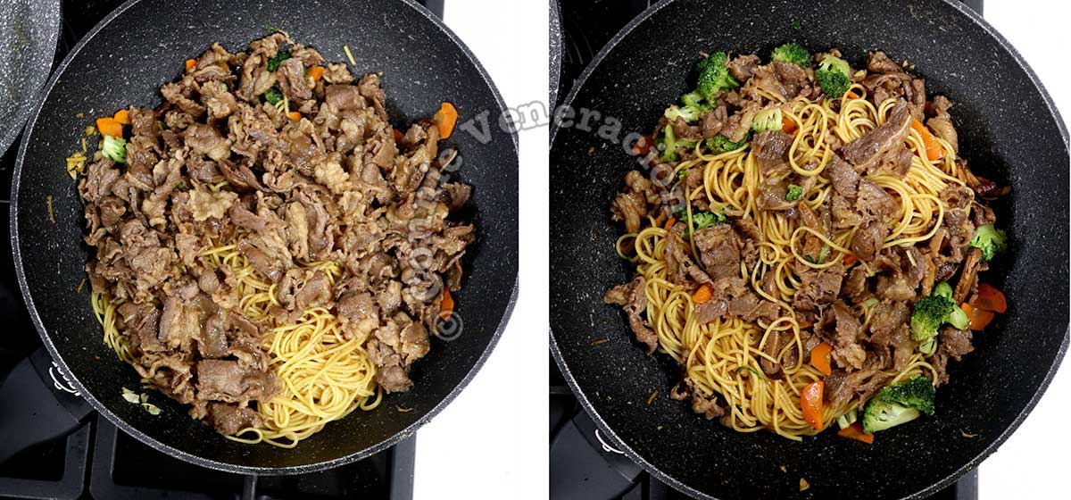 Adding cooked beef to stir fried noodles and vegetables in wok
