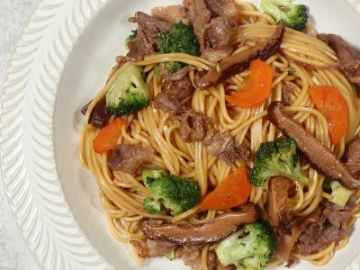 Beef broccoli and noodle stir fry