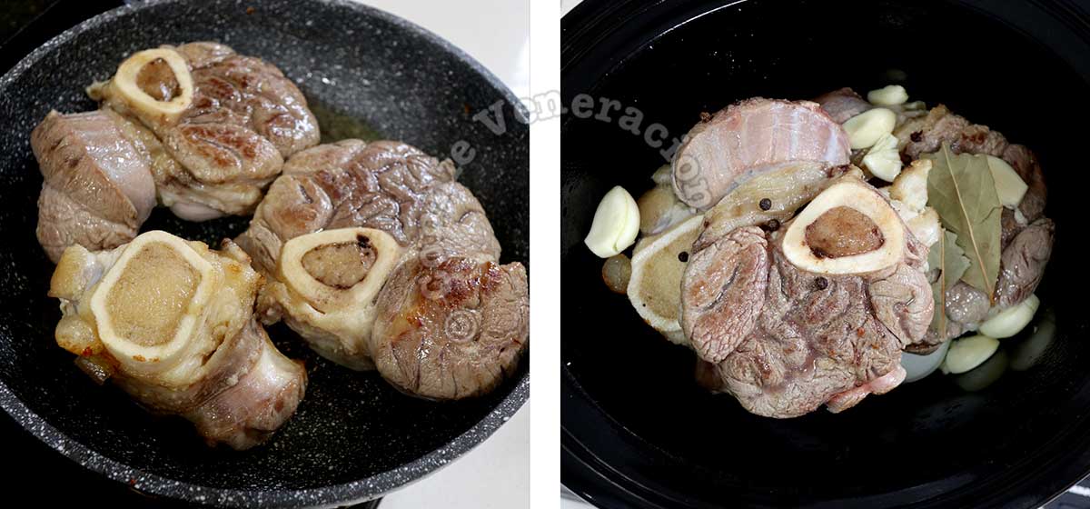 Browning sliced beef shank in pan before transferring to slow cooker
